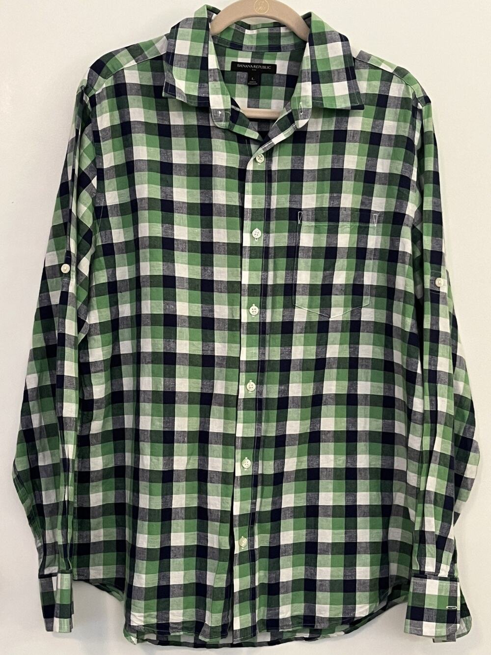 Banana Republic Men’s L Green Blue Gingham Linen Cotton Blend Shirt
